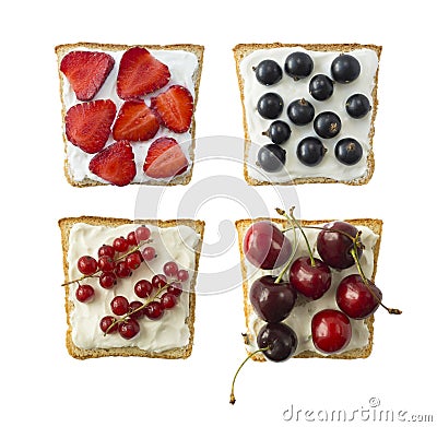 Sandwiches with cream cheese and fresh berries and fruits Stock Photo