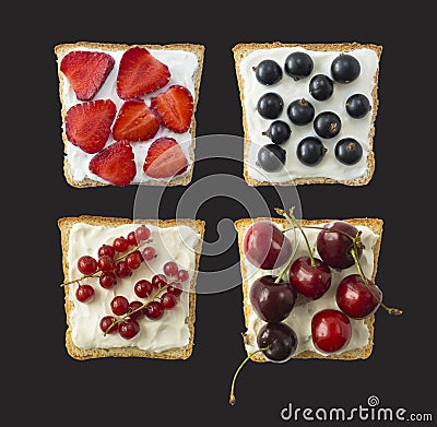 Sandwiches with cream cheese and fresh berries and fruits Stock Photo