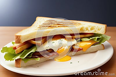 Sandwiches with egg, ham and toast cheese fried in a pan, generative ai, tasty breakfast Stock Photo