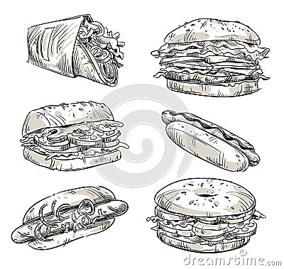 Sandwiches. Fast food. Snacks. Vector sketch. Vector Illustration