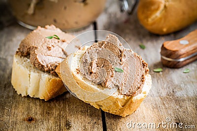 Sandwiches with homemade chicken liver pate for breakfast Stock Photo