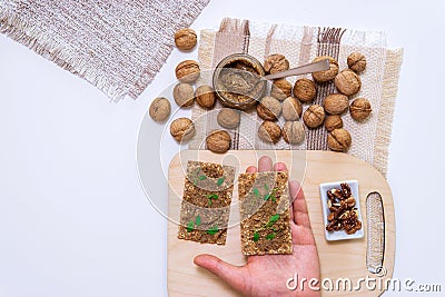 Sandwiches with pasta walnuts butter. view from the top lay flat. vegetarian cuisine, snacks Stock Photo