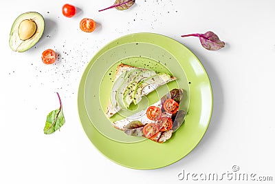 Sandwiches set in plates on white table background top view Stock Photo