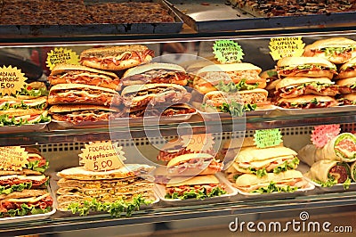 Sandwiches stuffed for sale in the bar in italy with the price Stock Photo