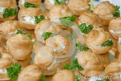 Buns, sandwiches, tartlets, small snacks closeup Stock Photo