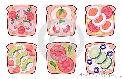 Sandwiches top view. Helthy breakfast products snack with fruits meal exact vector lunch food Stock Photo