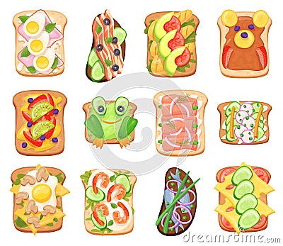 Sandwiches top view. Isolated sandwich different toppings, toast ingredients prosciutto salmon honey egg avocado Vector Illustration