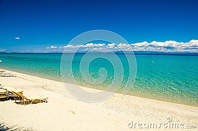 Sandy beach with blue paradise water, Halkidiki, Kassandra, Greece Stock Photo