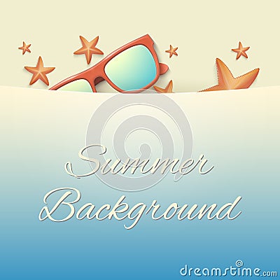 Sandy beach with starfish and sunglasses. Summer Vector Illustration