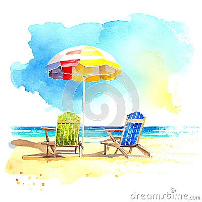 Sandy beach with sunbeds and umbrella. Summer watercolor illustration Cartoon Illustration