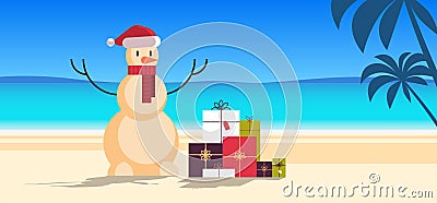 Sandy christmas snowman with gift present boxes happy new year vacation holiday celebration concept tropical beach Vector Illustration