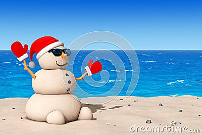 Sandy Christmas Snowman at Sunny Beach. 3d Rendering Stock Photo