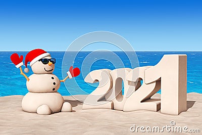 Sandy Christmas Snowman at Sunny Beach with 2021 New Year Sign. 3d Rendering Stock Photo