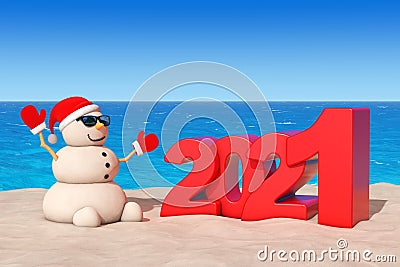 Sandy Christmas Snowman at Sunny Beach with 2021 New Year Sign. 3d Rendering Stock Photo