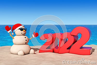 Sandy Christmas Snowman at Sunny Beach with 2022 New Year Sign. 3d Rendering Stock Photo