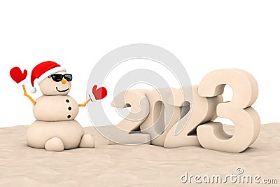 Sandy Christmas Snowman at Sunny Beach with 2023 New Year Sign. 3d Rendering Stock Photo