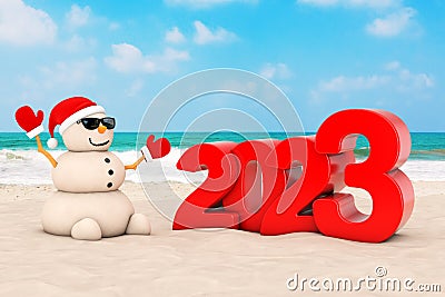 Sandy Christmas Snowman at Sunny Beach with 2023 New Year Sign. 3d Rendering Stock Photo