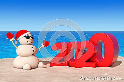 Sandy Christmas Snowman at Sunny Beach with 2020 New Year Sign. 3d Rendering Stock Photo