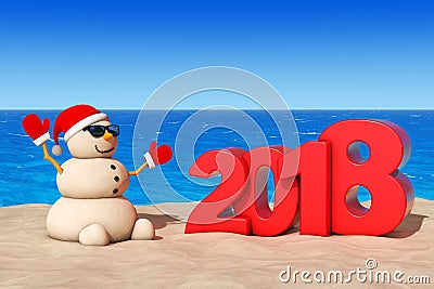 Sandy Christmas Snowman at Sunny Beach with 2018 New Year Sign. Stock Photo