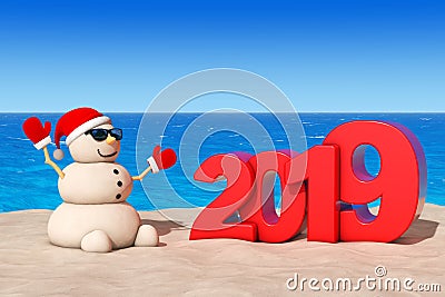 Sandy Christmas Snowman at Sunny Beach with 2019 New Year Sign. Stock Photo