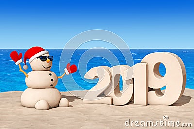 Sandy Christmas Snowman at Sunny Beach with 2019 New Year Sign. Stock Photo