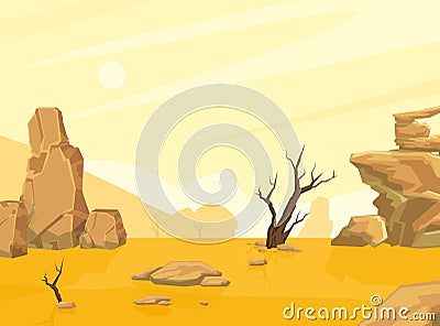 Sandy Desert Landscape with Mountains and Lonely Dead Tree, Drought, Global Warming Conept Cartoon Vector Illustration Vector Illustration