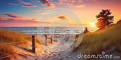 sandy dunes on Baltic beach,sunset on beach ,pine trees,sun reflection on se water Stock Photo