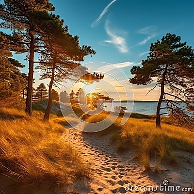 sandy dunes on Baltic beach,sunset on beach ,pine trees,sun reflection on se water Stock Photo