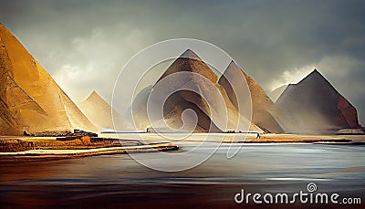 Sandy mountains landscape. Giant sand pyramids. Picturesque fantasy place. Fictional landscape. AI-generated Stock Photo
