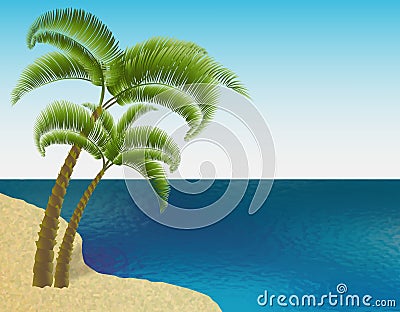 Sandy sea shore. Two palm trees. Exotic travel. Ripples on the sea. Landscape. illustration Vector Illustration