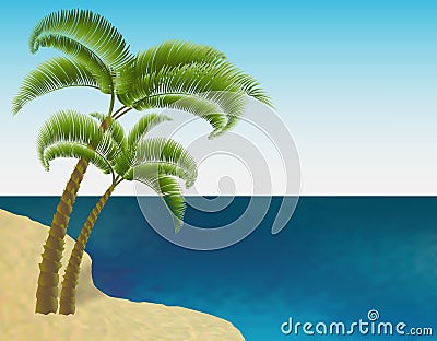 Sandy sea shore. Two palm trees. Exotic travel. Ripples on the sea. Landscape. illustration Vector Illustration