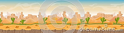 Sandy and stony hot desert panorama landscape cartoon vector illustration background Vector Illustration