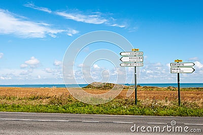 Sangatte and Calais direction sign Stock Photo