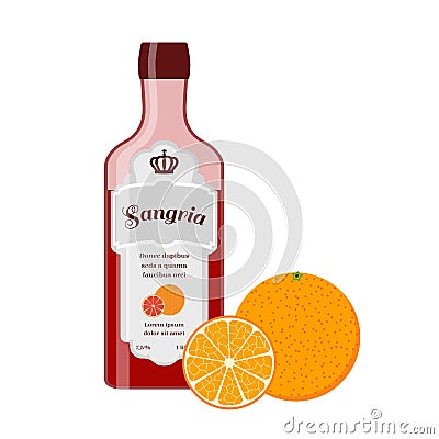 Sangria bottle, orange. Spanish wine with orange, lemon, berries. Vector Illustration