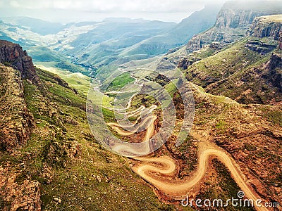 Sani Pass down into South Africa Stock Photo