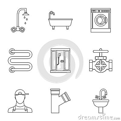 Sanitary appliances icons set, outline style Vector Illustration