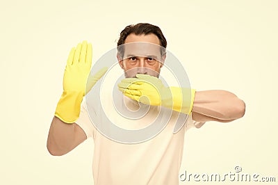 Sanitary area. Cleaning service and household duty. Man in gloves. Cleaning day today. Hygienic requirements Stock Photo