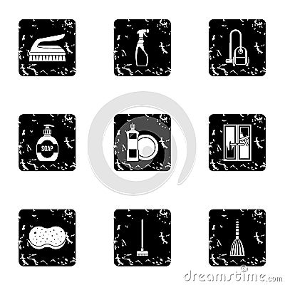 Sanitary day in hostel icons set, grunge style Vector Illustration