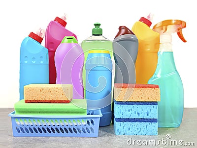 Sanitary,detergent bottles and sponges closeup.Group of household products.Domestic desinfectant Stock Photo