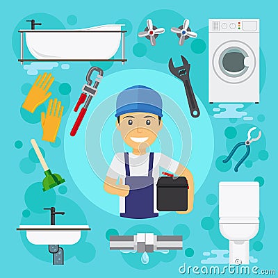 Sanitary engineering. Plumber at plumbing work Vector Illustration