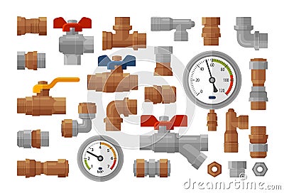 Sanitary engineering, plumbing equipment set icons. Manometer pressure, meter, industry, fittings, water supply concept Vector Illustration