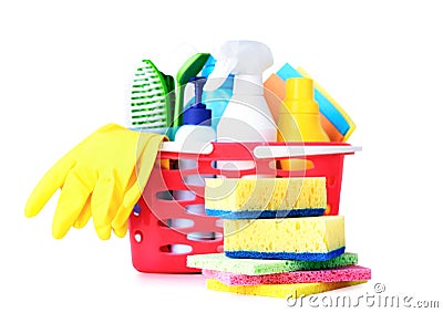 Sanitary items,cleaning household supplies isolated. Stock Photo