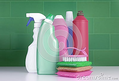 Sanitary items,cleaners.Colorful plastic sanitizing bottles.Desinfectants Stock Photo