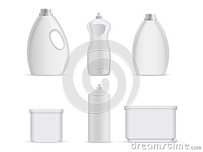 Sanitary plastic empty bottles with chemical liquids for cleaning services Vector Illustration