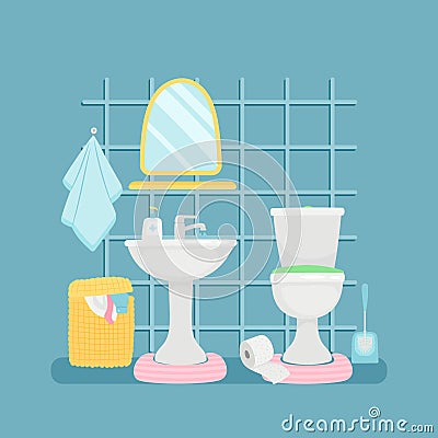 Sanitary room with sink, toilette, towels vector illustration Vector Illustration