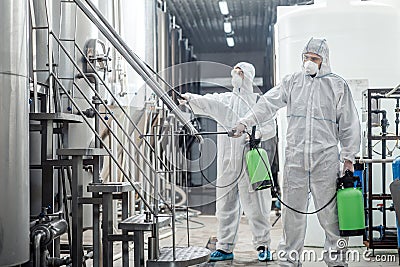 Sanitation at factory of craft beer. Guys in protective suits disinfect at plant Stock Photo