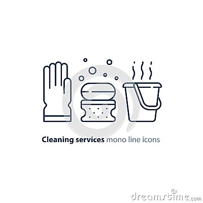 Sanitation objects set, cleaning equipment items and services, line icons Vector Illustration