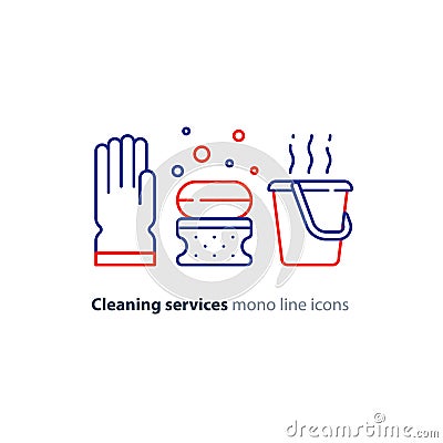 Sanitation objects set, cleaning equipment items and services, line icons Vector Illustration