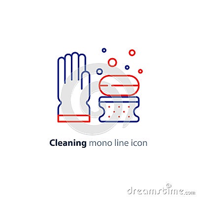 Sanitation objects set, cleaning equipment items and services, line icons Vector Illustration