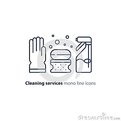 Sanitation objects set, cleaning equipment items and services, line icons Vector Illustration